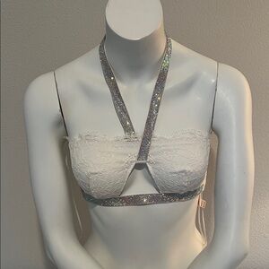 Rare VS high fashion Glitter Strap Lace Bandeau Bralette - White small NWT